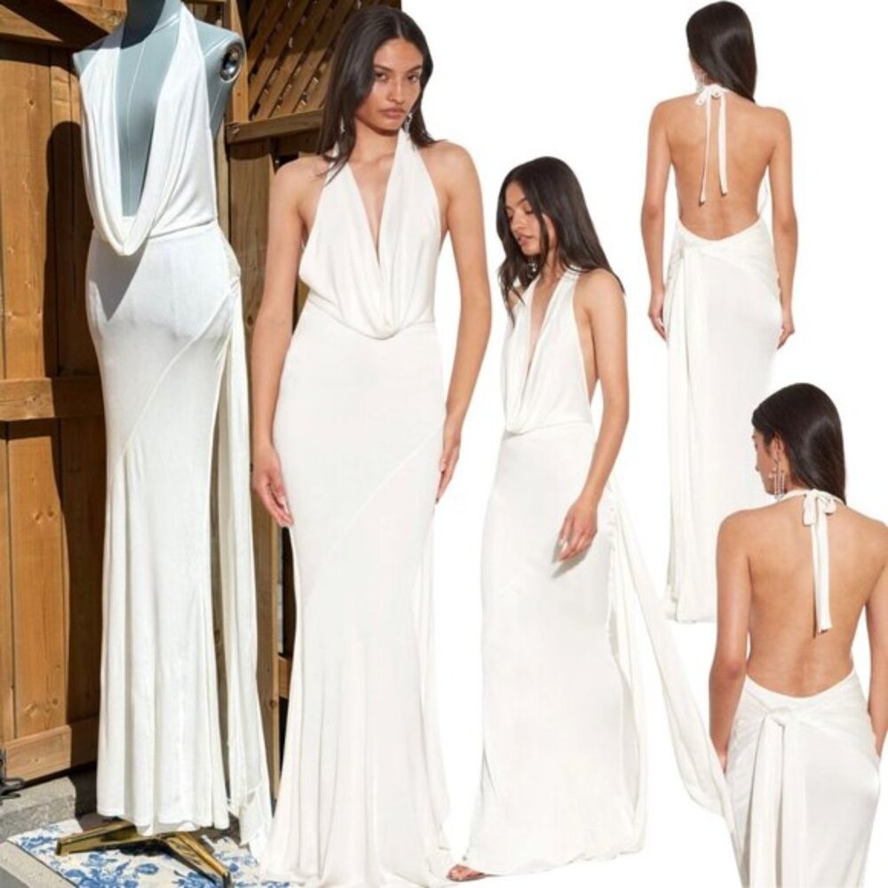 🆕 RAT & BOA 🧿 NWOT Winona White Slinky Cowl Neck Jersey Gown, Sz XXS